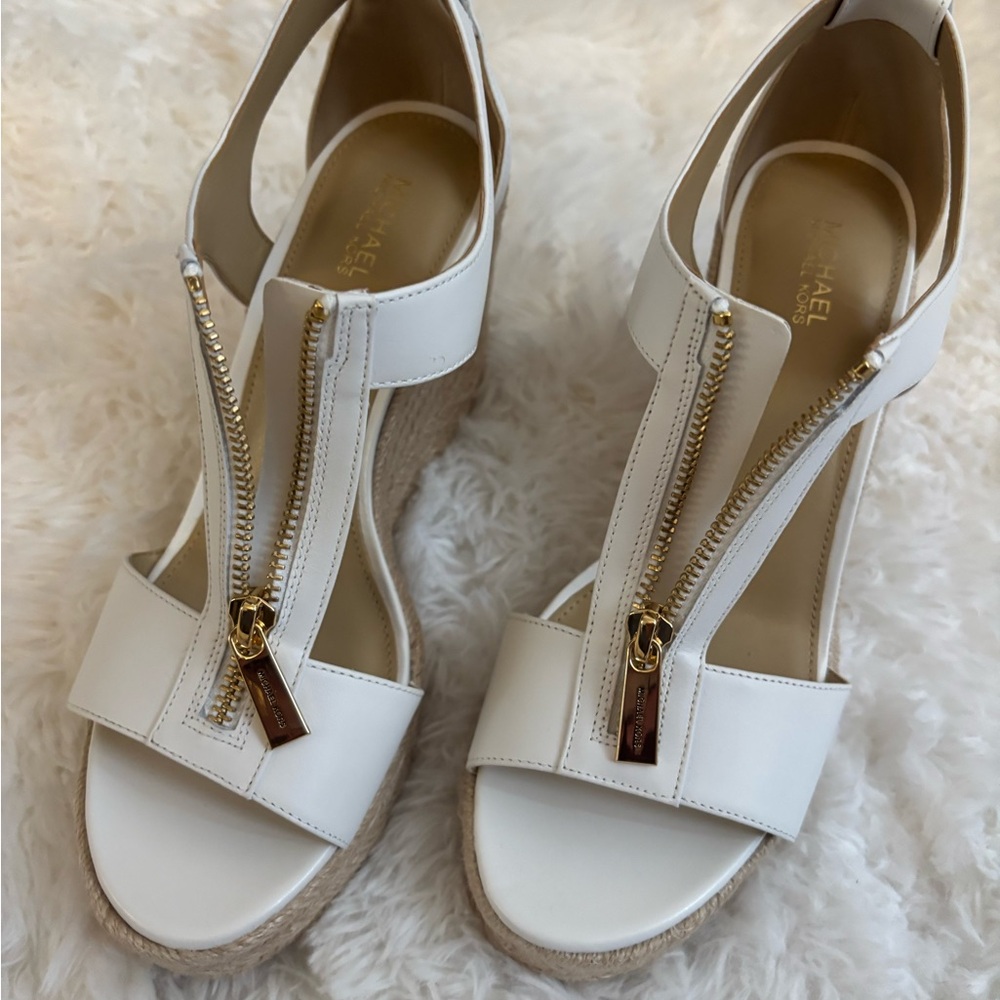 Michael Kors Cream Wedge Sandals with Gold Zipper